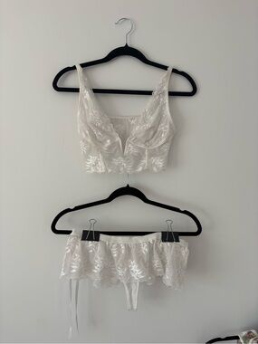 La Vie En Rose White Floral Embroidered Bralette & Garter Skirt Set